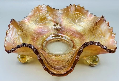 Fenton Glass “Little Fishes” Marigold Carnival Glass 3 Footed Compote