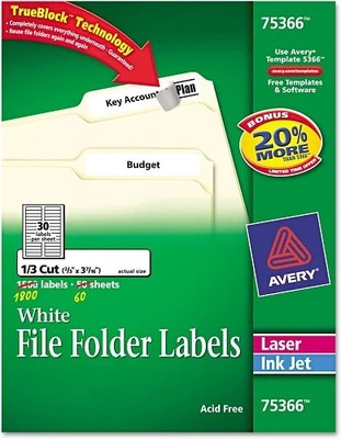Permanent TrueBlock(R) File Folder Labels 2/3x3-7/16in labels White 1800/BX