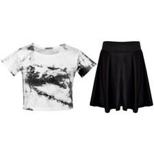 Kids Girls Crop Top Skirt Black Tie Dye Print Summer Outfit Clothing Sets