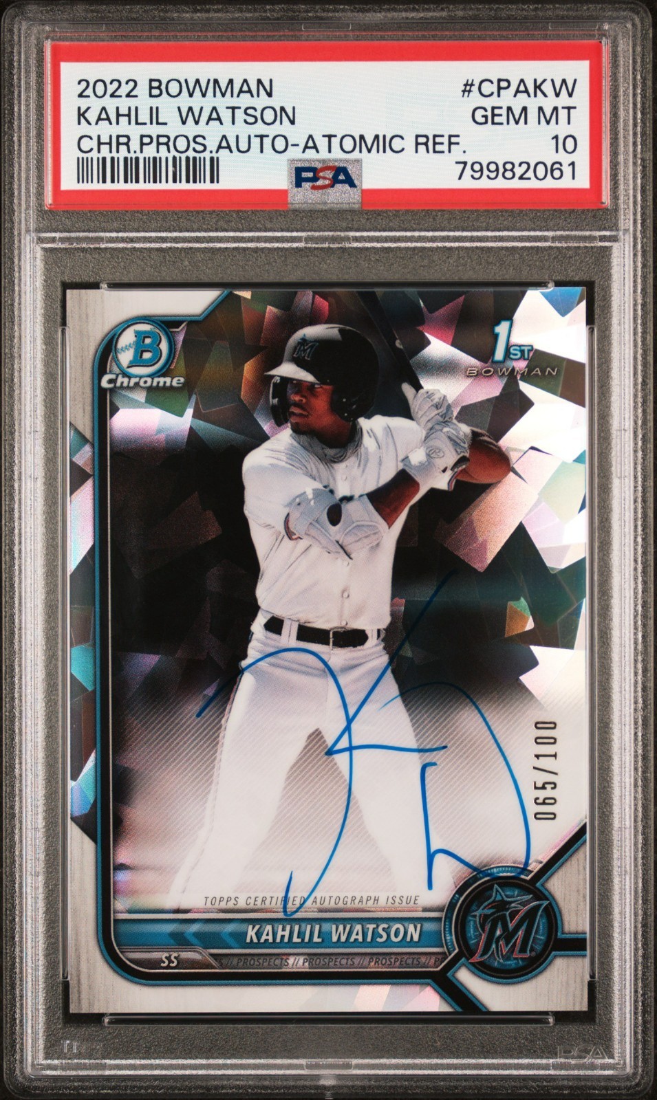 2022 Bowman Chrome Kahlil Watson Atomic Refractor /100 PSA 10 Auto GEM MINT SP