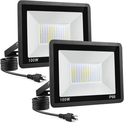 2 Pack 100W LED Flood Light 10000Lm IP66 6500K Plug In Outdoor Security
