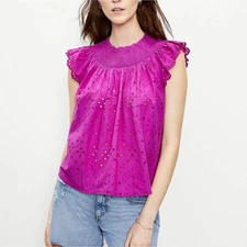 LOFT Eyelet Smocked Purple Short Sleeve Blouse Small
