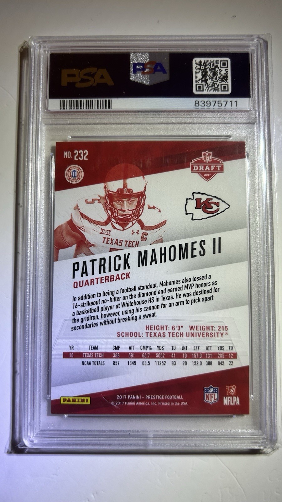 Panini 2017 Prestige Patrick Mahomes II Rookie Base Set #232 PSA 9 view 2