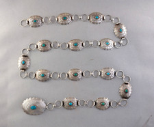 Vintage Navajo Sterling Silver Handstamped Concho Belt - Turquoise - 41" 5.7 OZ
