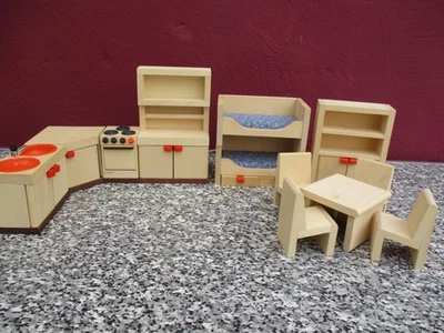 Bodo Hennig Puppenmöbel Konvolut von 1986 Küche, Kinderzimmer, Holz Möbel Natur - Bild 1 von 4