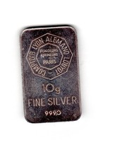 A 10g silver ingot, FINE SILVER 999, Comptoir LYON Alemand LOUYOT FONDEURS