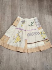 Oilily Embroidered Patchwork Skirt Womens 40 Floral Beaded Linen Blend A-Line...