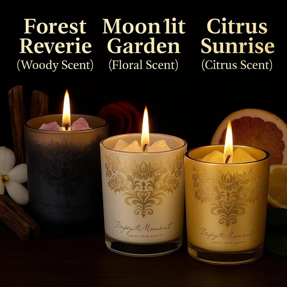 Juego de regalo de velas perfumadas de lujo – 3 velas de aromaterapia de soja y cera de abejas de cristal Foto 3 de 4