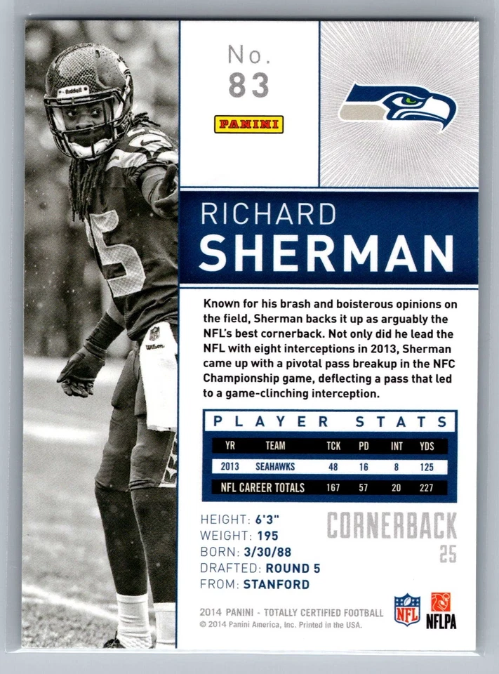2014 Panini Totally Certified #83 Richard Sherman Seattle Seahawks - Image 2 of 2