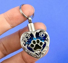Keyring Urn .5" KeyChain Pawprints Pet Cremation Pendant Ash Dog Cat Cobalt Blue