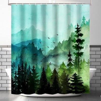84 Inch Long Green Misty Forest Shower Curtain for Bathroom Nature Woodland S...