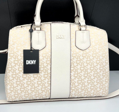 DKNY NOHO LOGO LARGE TRIPLE COMPART SATCHEL Handbag Ivory White w/Beige $298 NEW