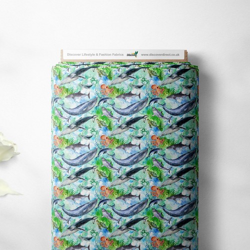 100% Cotton Sea Life Aquarium Fish Whale Novelty Kids Children Craft Fabric | FQ - Picture 6 of 13