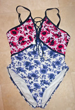 Gibson  Latimer SwimSuit Pink Blue Floral 1 Piece Plunge Tassel Size XL