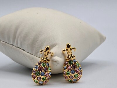 Joan Rivers Gold-Tone Pastel Rhinestone Fleur De Lis Pineapple Egg Clip Earrings
