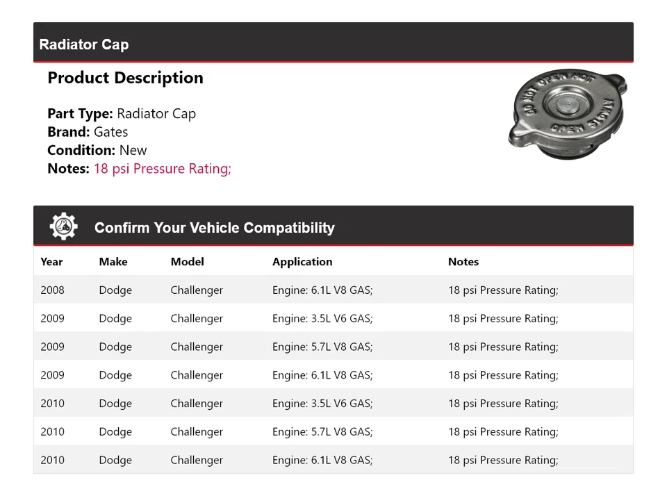 For 2008-2010 Dodge Challenger Radiator Cap Gates 2009 - Image 2 of 4
