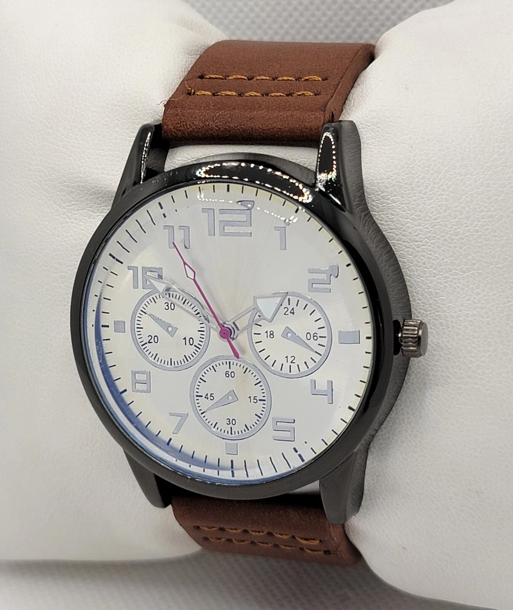 Mens Classic Round Black Case Silver Dial Brown Leather Strap Analog Watch H1