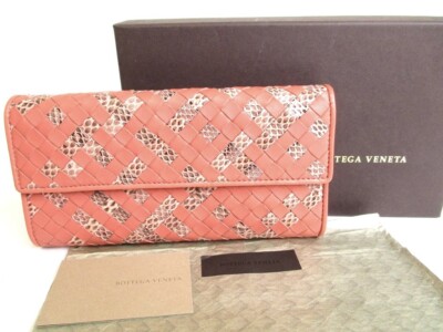Auth BOTTEGA VENETA Intrecciato Salmon Pink Leather Long