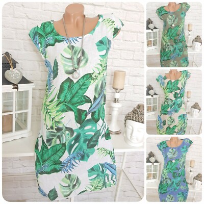 Italy Blumen Kleid Sommer Leinen geblümt Blätter A-Linie Midi 36 38 40 42 44