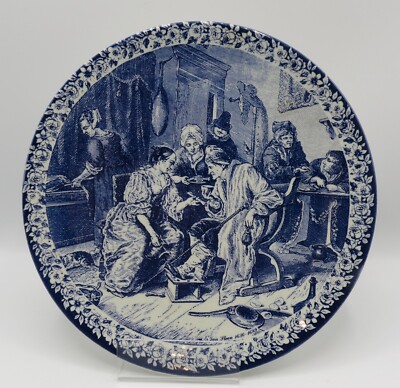 Vintage Delft Blue  11 8/8'' plate, handpainted, Merrymaker at Inn by Jan Steen