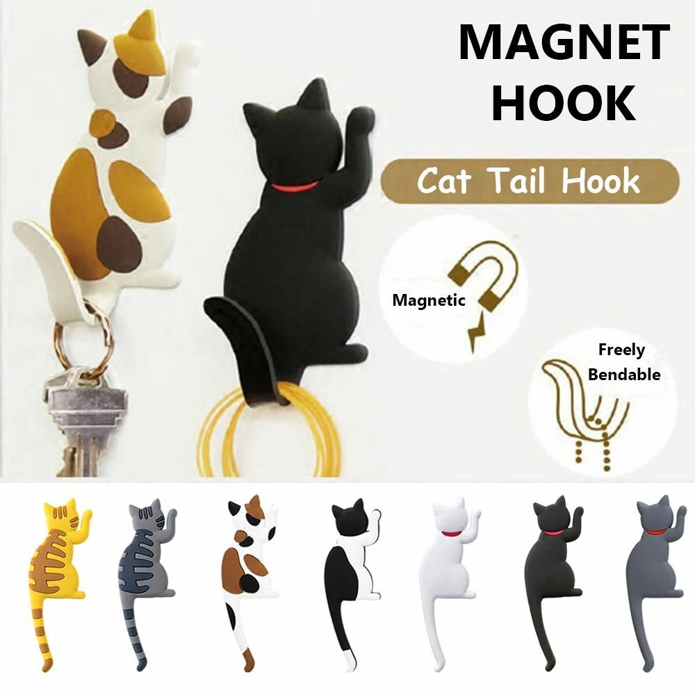 Hanger Wall Storage Cartoon Cat Tail Hook Fridge Magnet Bendable Key Holder