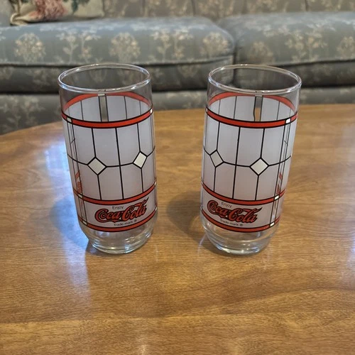 Set of 2 Vintage Frosted Tiffany Pattern Coca Cola 16oz Glasses