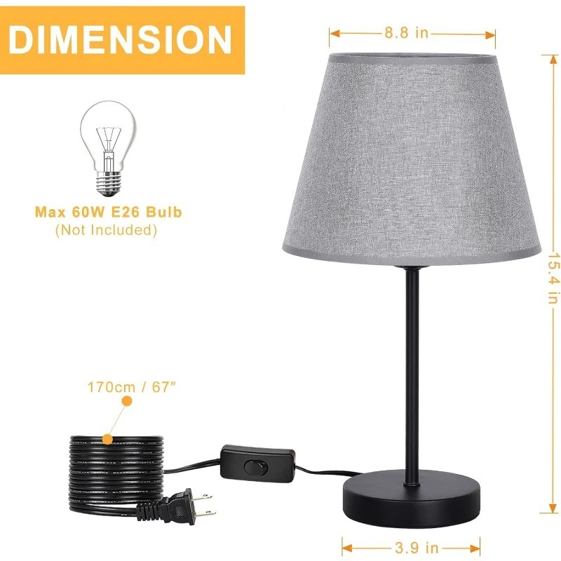 Conjunto de 2 abajures pequenos de mesa de cabeceira com sombra cinza para quarto, sala de estar, escritório - Imagem 2 de 4