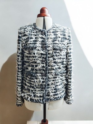 Handmade Tweed Boucle Black&White Sakko mit flauschigen Details Gr. M,XL