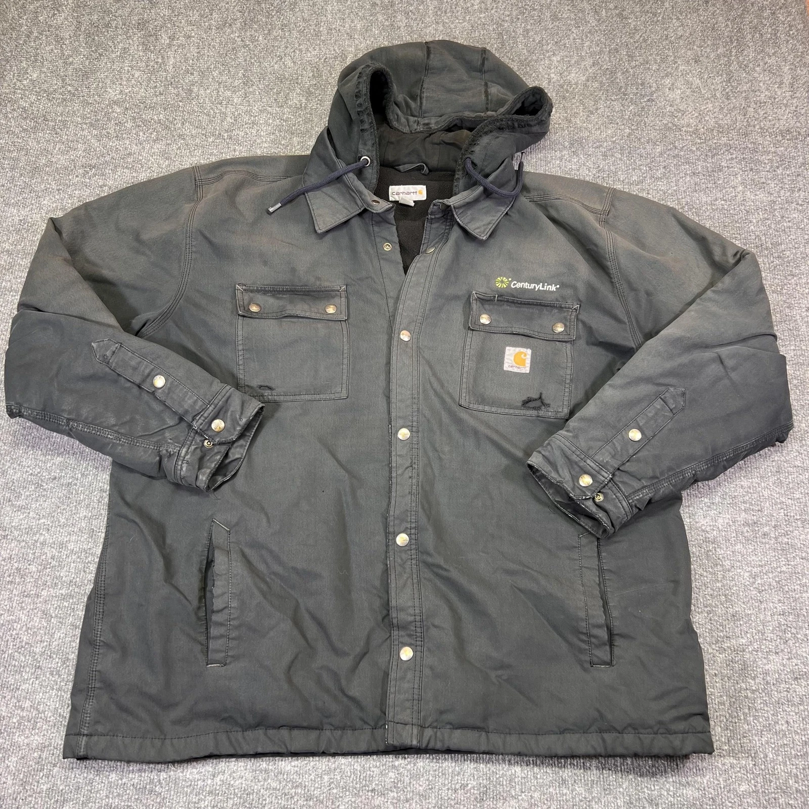 Carhartt Jacket Mens 2XL Gray Hooded Canvas Insulated CenturyLink Logo Workwear