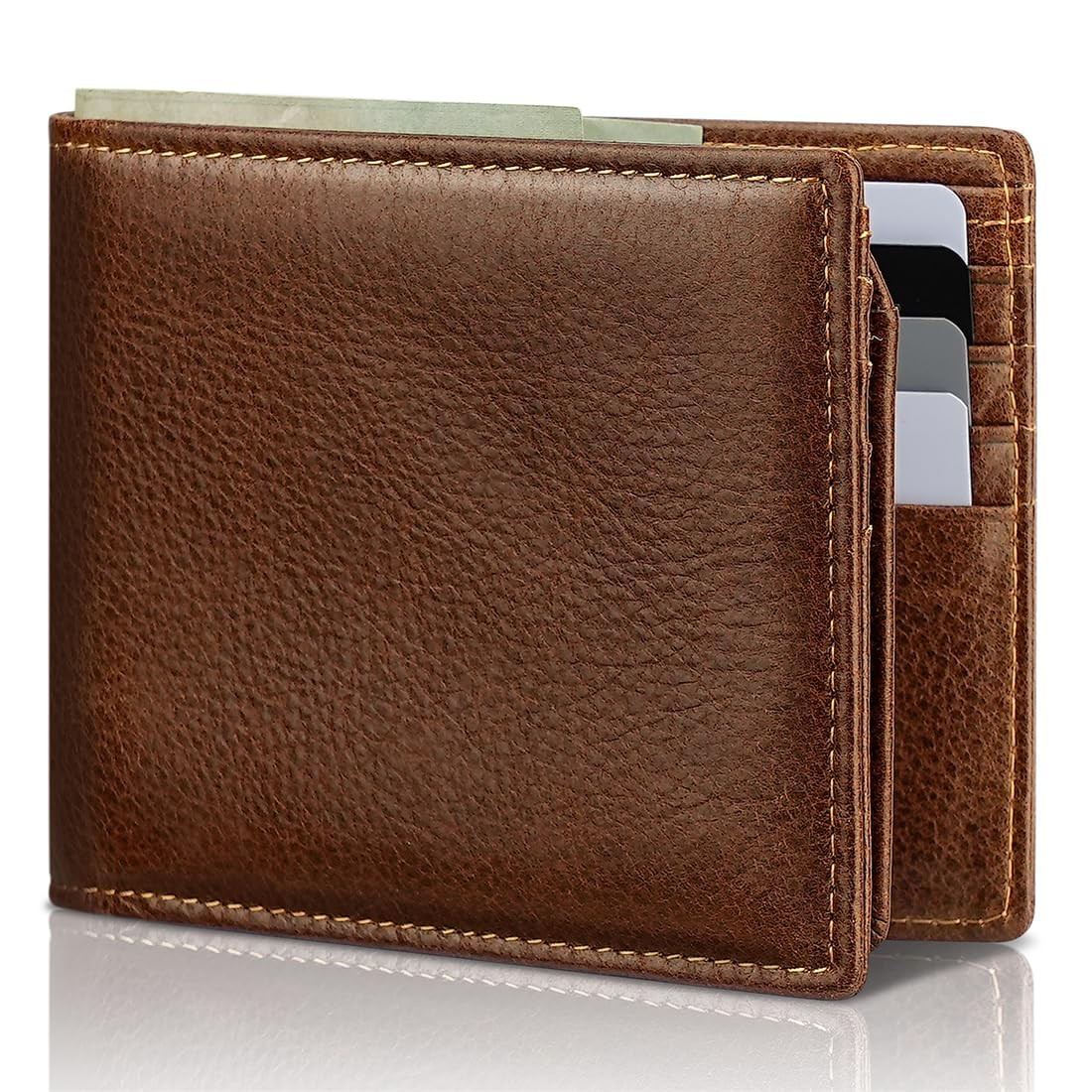 Men's Genuine Leather RFID Blocking Bifold Wallet with 2 ID Windows  