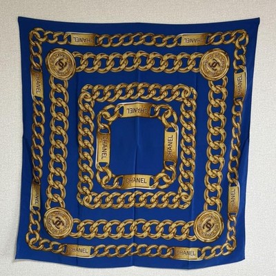 CHANEL COCO Mark Chain pattern Blue Scarf about 33.46 x 33.46