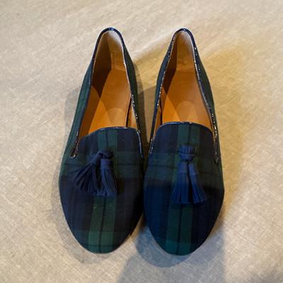 J.Crew Women's Plaid Tasseled Slip-On Almond Toe Flat Loafers Blue/Green 8