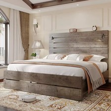 Full Size Farmhouse Bed Frame with 51" Headboard LED Reading Lights Rustic Wood 