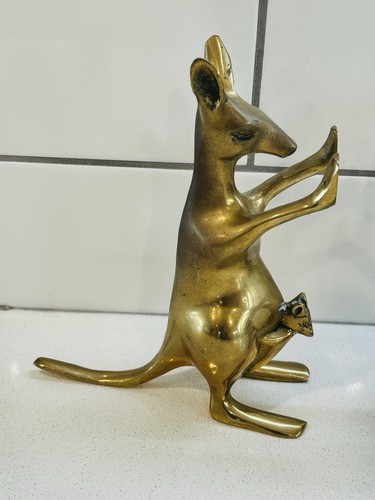 Brass Kangaroo & Joey Bookends Vintage Mid Century Kangaroo Figurines, Whimsical - Picture 2 of 13
