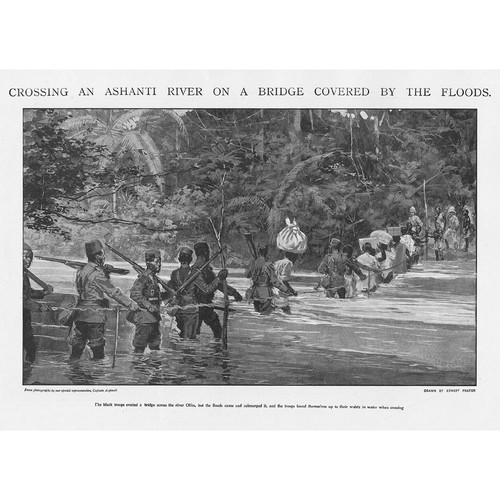 ASHANTI WAR Crossing a River on a Flood Covered Bridge - Antique Print 1900