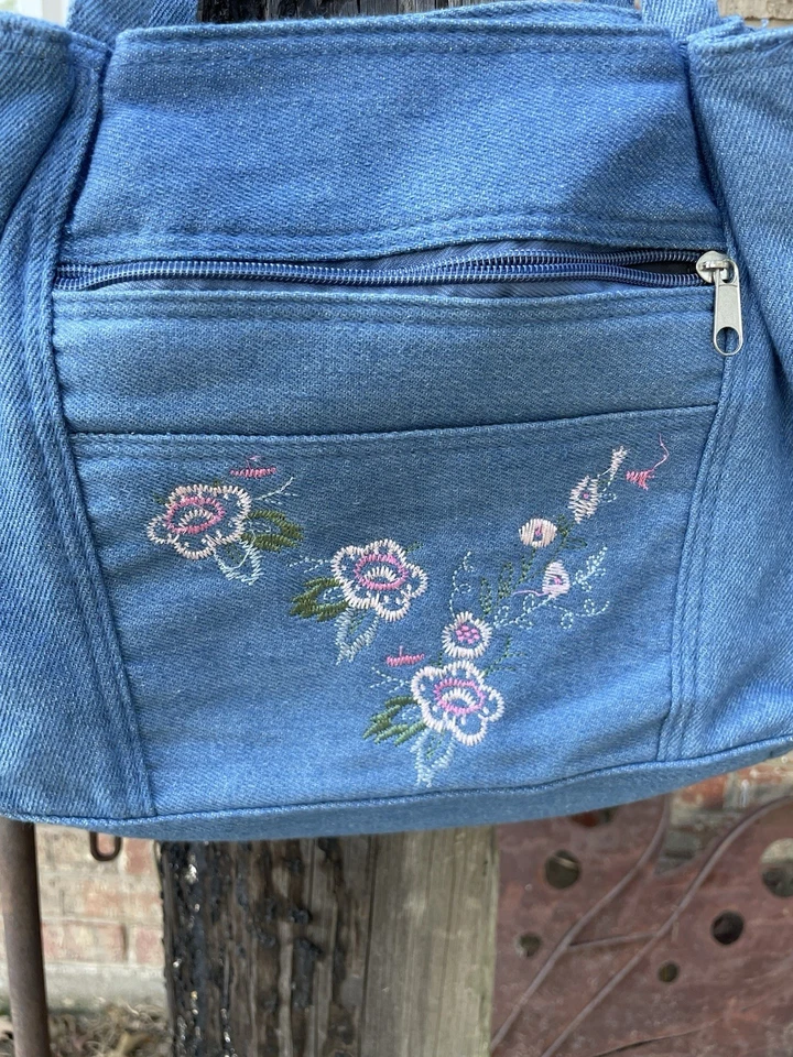 Vtg 70s Blue Denim Country Embroidered Floral Bag Boho Hippie - Image 3 of 4