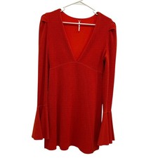 Free People Talk About It Deep V-Neck long Bell Sleeve Mini Dress Flame Small