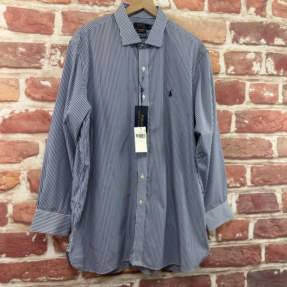 Camisa Polo Ralph Lauren Para Hombre 18 34/35 Azul Blanco Rayas Abotonada Fácil Cuidado Foto 2 de 4