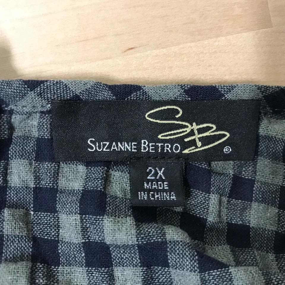 SUZANNE BETRO - WOMEN'S 2X - NAVY/GRAY CHECK BELL SLEEVE ROUND NECK COTTON DRESS - Image 4 of 4