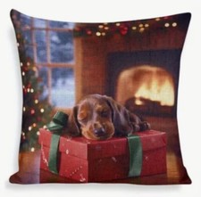 Puppy Santa Holiday Christmas Tree Linen Throw Pillow Cover Holiday Home Decor