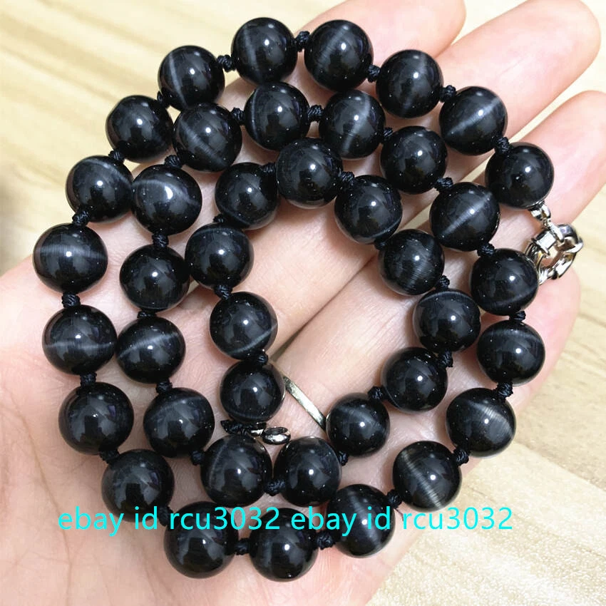 Collar de piedras preciosas cuentas redondas ojo de gato ópalo negro natural de 10/12 mm 20" AAA Foto 4 de 4