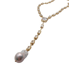 Rectangle Cut Clear Cubic Zirconia Cultured White Keshi Pearl Women  Necklace