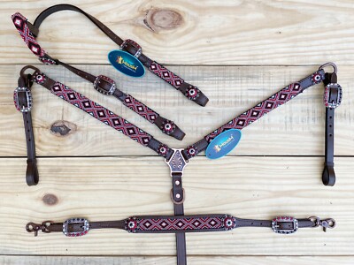 MOUSM Western Style Leather Headstall and Breast Collar with Wither Strap Tack S