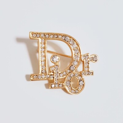 Christian Dior Brooch Pin badge Gold Logo Rhinestone Vintage | eBay