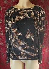 Vintage Black  Gold Heavy Beaded  Sequin Sheer Long Sleeve Evening Top Blouse