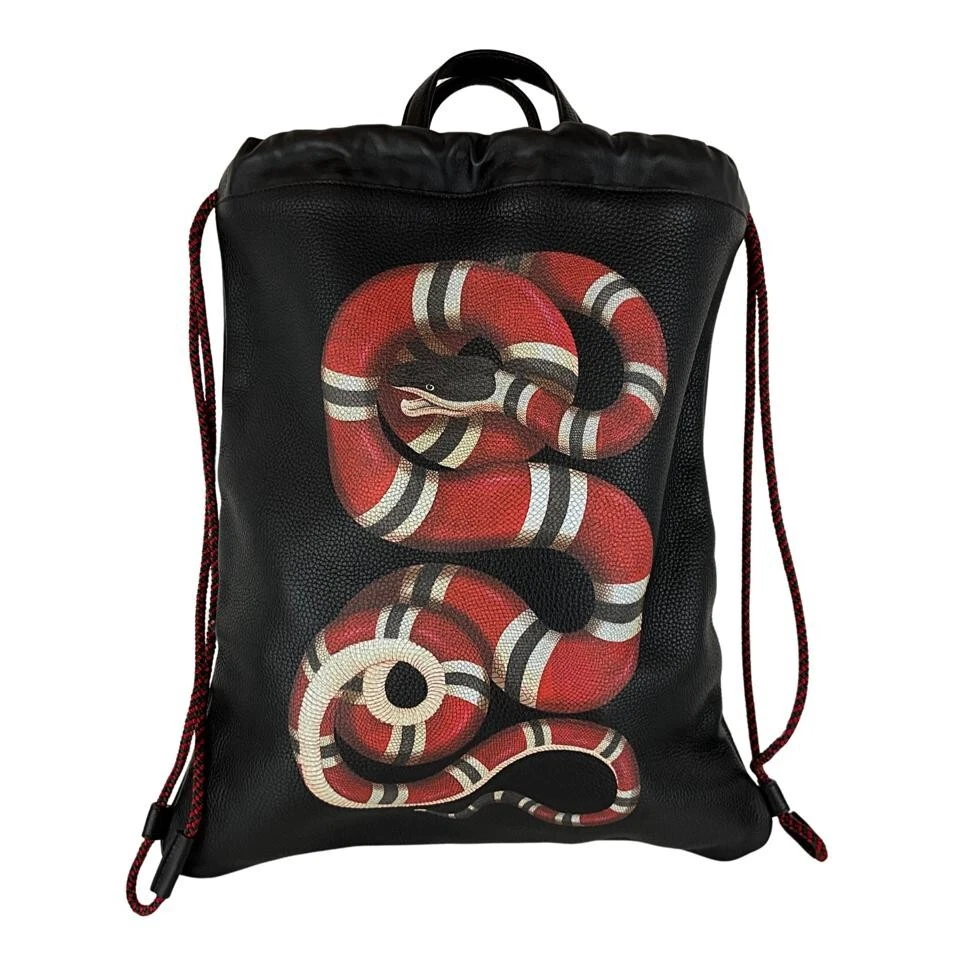 Gucci Men s Kingsnake Print Drawstring Backpack Bag Black Sz M