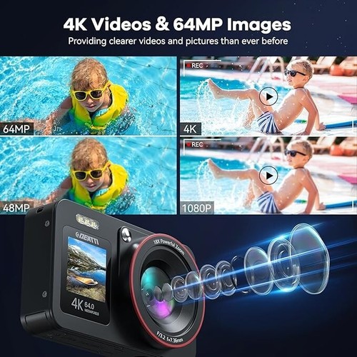 Digital Camera,FHD 4K 64MP Camera with Dual Screens 64GB SD Card 2 Batteries - Picture 7 of 8