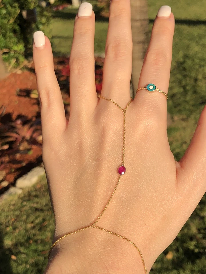 Stunning Oval Natural Ruby 14K Yellow Gold Hand Chain Slave Combo Ring Bracelet  - Image 2 of 4