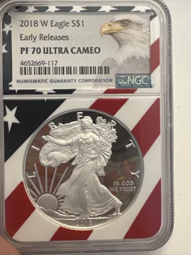 2018-W AMERICAN SILVER EAGLE NGC PF70 UC MEMORIAL DAY EDITION FLAG 7198