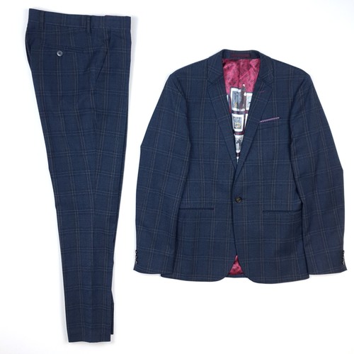 Ted Baker Suit Size 1 = 36 46 XS Slim Fit Navy Plaid 2 Piece Trousers W30 L31